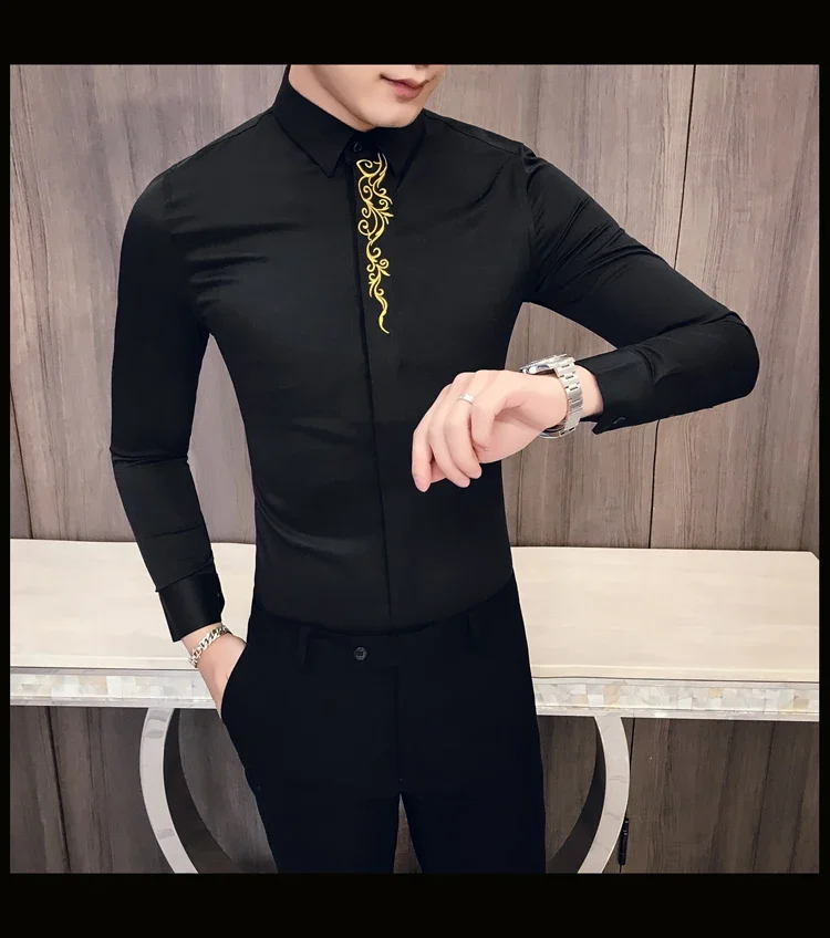 Description Picture 5 of item2024 Autumn Men's Embroidered Shirt Long-sleeved Slim-fit Men's Business Casual Shirt Solid Color Retro Slim-fit Shirt