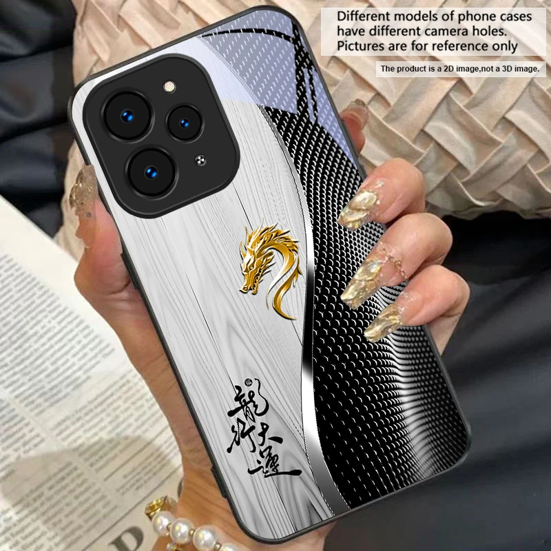 Elegant Black Tempered Glass Phone Case with Traditional Dragon Totem Design