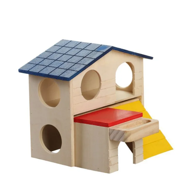 

Hot Selling Wood Hamster House Blue Top Double-Storey Villa House Wooden Pet Toys