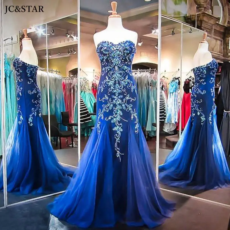 

Classy Wedding Evening Dress Royal Blue Long Luxurious Mermaid Prom Party Gowns Woman EVEN Tulle Crystal Pattern Sexy Vestidos