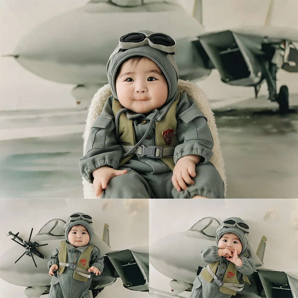 100 Days Baby Photography Props Airman Theme Baby Long Sleeve Pilot Costume Helicopter&Fighter Photo Studio Baby Shooting Props