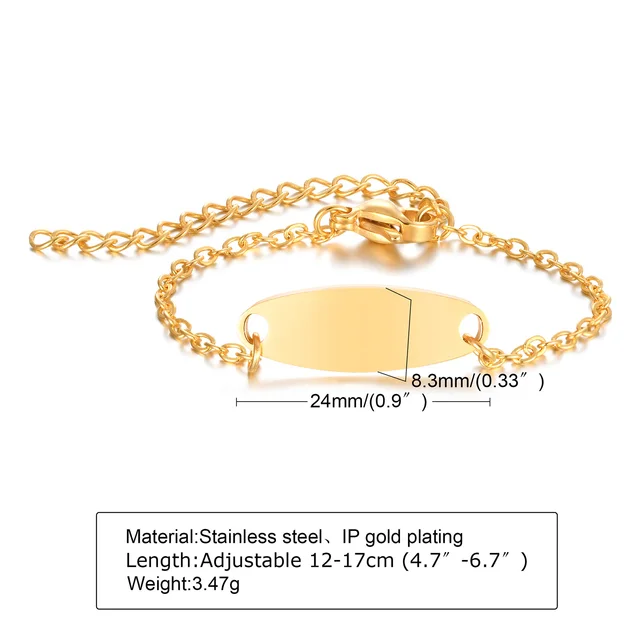 Custom Personalized Name Baby ID Bracelet, Stainless Steel Curb Chain Link Crown Bracelet Newborn Gilrs Boy Gifts Not Allergic BR-1058G gold
