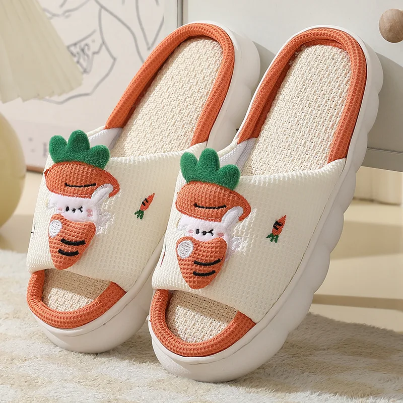 

Cute Cartoon Bunny Cotton Linen Slippers Women Summer Breathable Platform Slides Floor Mute Slippers Kawaii Flip Flops