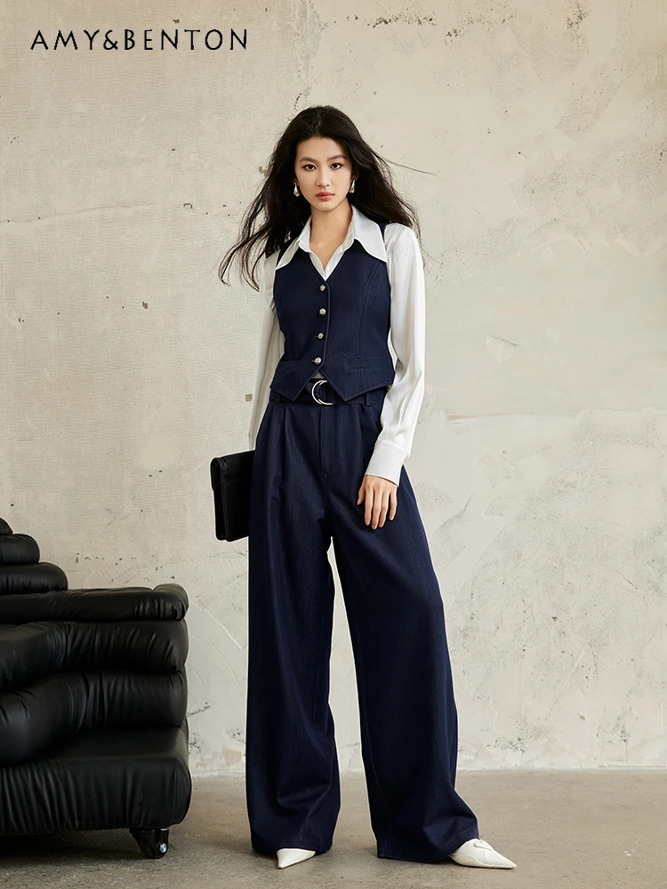 Office Lady Fashion Retro V-neck Single Breasted Vest Slim Wide Leg Pants Two-Piece Set Women Spring Elegant Business Outfits