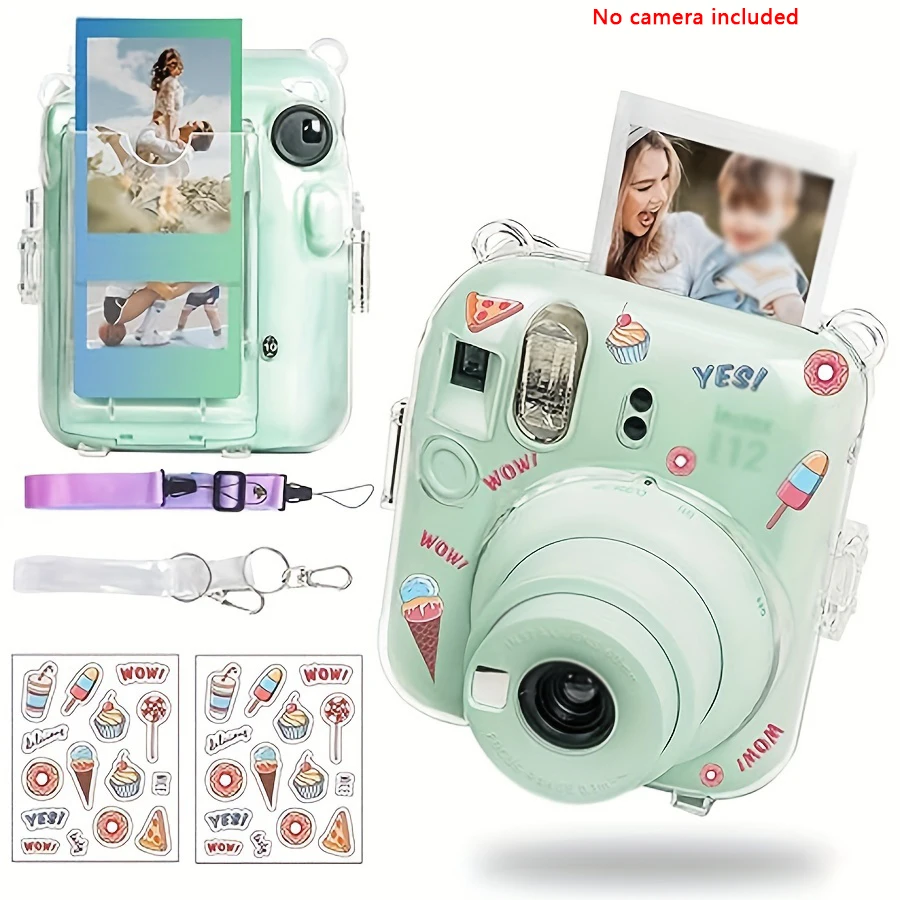 5-Piece Set Clear Protective Case-Camera Case Compatible with Fujifilm Instax Mini 12, Hard PC with 2 Straps and Stickers