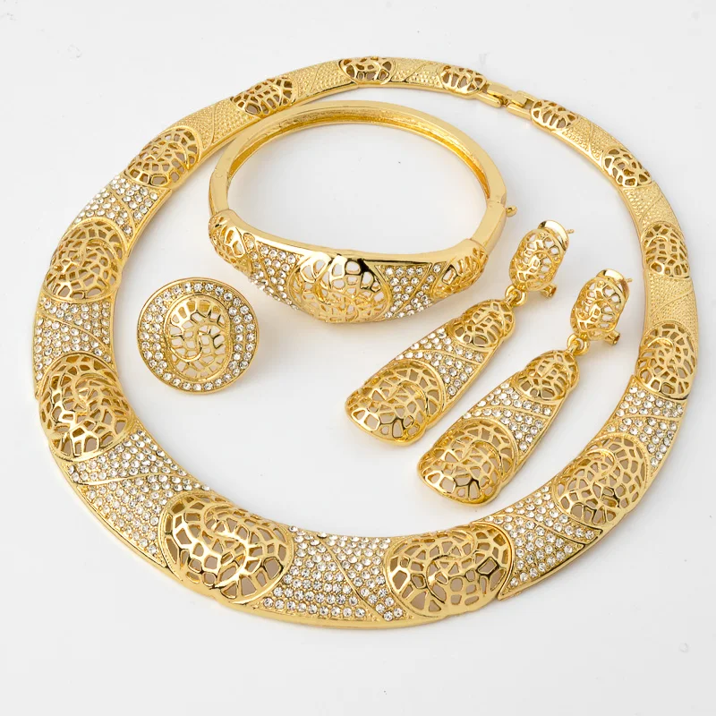 

Diana Baby Bride Jewelry Sets Romantice Dubai 18K Gold Plated Zircon Rose Necklace Bracelet Drop Earring Ring Wedding Party Gift