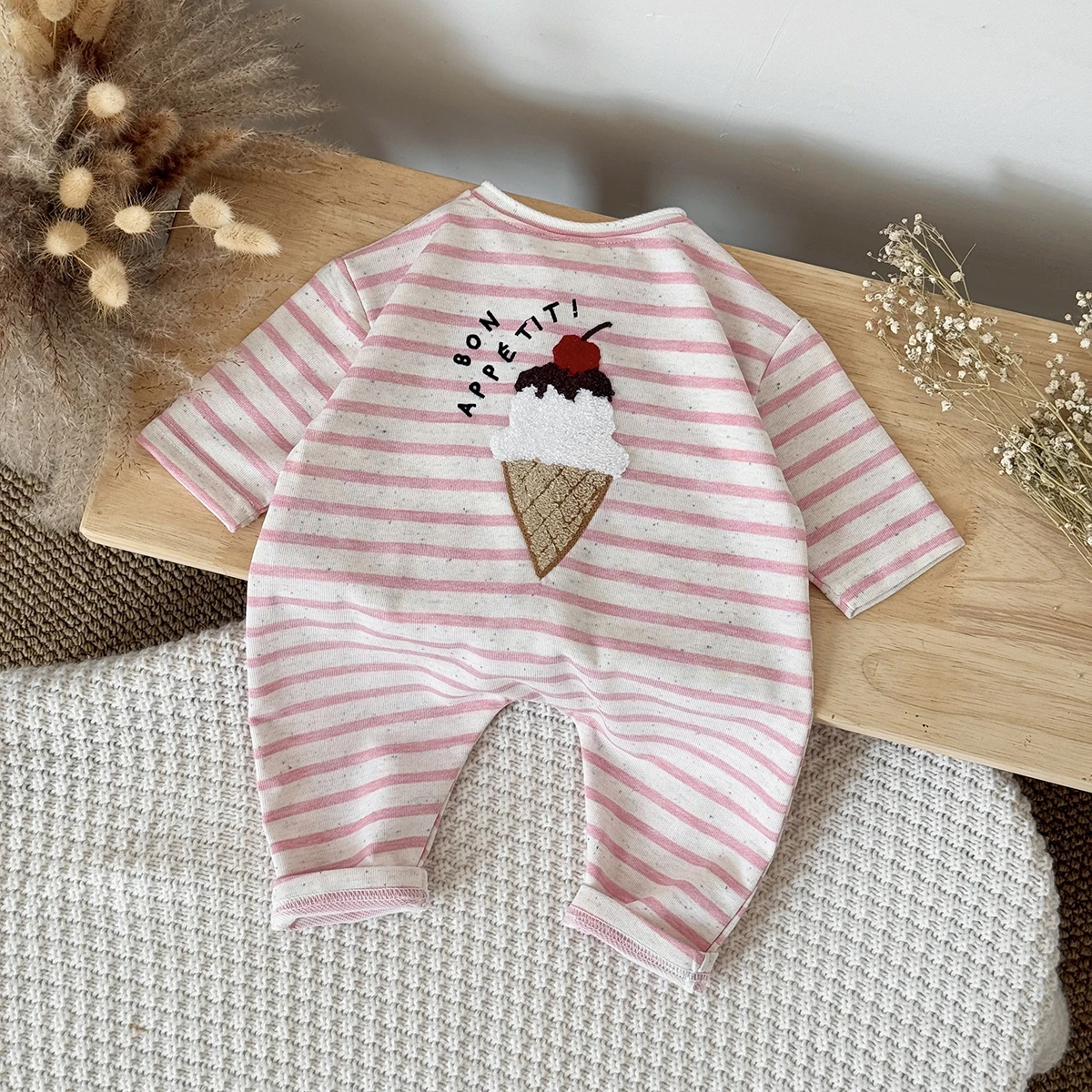 Frühling Herbst Neue Baby Kleidung Eis Popcorn Französisch Frites Drucken Gestreiften Overall Neugeborenen Baby Strampler Alter 1-18 monate Kinder – Detail 5