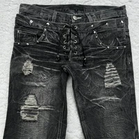 Y2K Washed Jeans Gothic Retro Micro Flared Double Waisted Lace Up Pants Men Women Streetwear High Quality Design Sense Trousers 2
