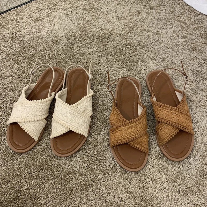 Retro Crochet Lace Slingback Sandals Woman Ethnic Fashion Cross Strap Sandalias Ladies Casual Flat Summer Shoes