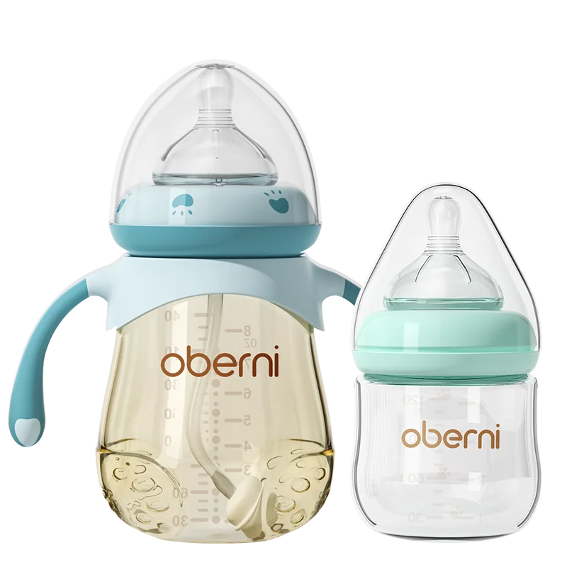 Oberni Baby Bottle Feeding Set for PPSU + Glass Materials Wide Neck 120ml+240ml with supper soft Silicone nipple