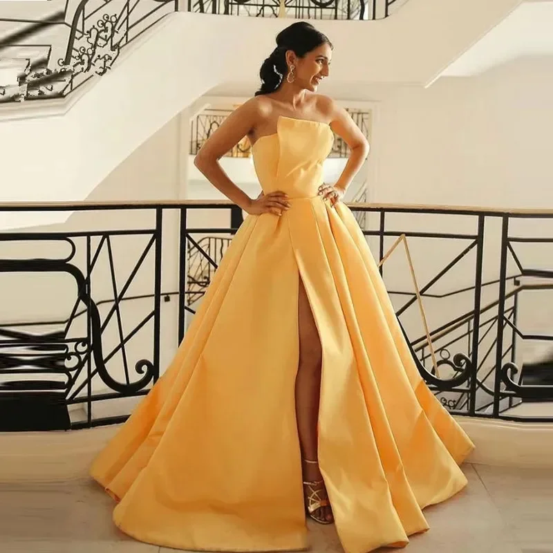 

Simple Yellow Satin Long Prom Dresses Sexy Side Split Party Dress A Line Sleeveless Evening Formal Gown فساتين للمناسبات الرسمية