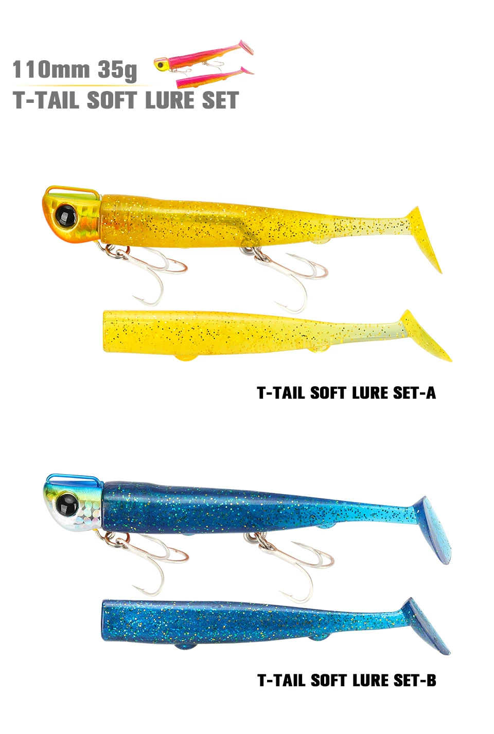 TSURINOYA Jig Head Long Casting T Tail Soft Lure Set 110mm 35g 2 Stück Lockenkörper Seebarsch Flunder Salzwasser sinkender Angelköder – Detail 18