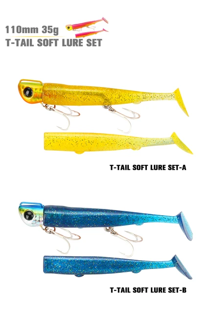 TSURINOYA Jig Head Long Casting T Tail Soft Lure Set 110mm 35g 2pcs Lure  Body Seabass Flounder Saltwater Sinking Fishing Lure