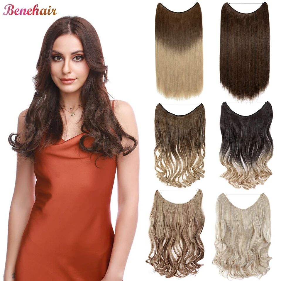 Hair extensions BENIHAIR synthetic invisible wire hair extensions transparent wire adjustable long wavy curly secret hairpiece 20 inch for women