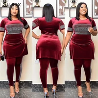 Velvet Slim Pencil Pant Sets Women Casual Two Piece Set Sequins Short Sleeve Long Top Matching Sets Tracksuit Streetwear 2024 1