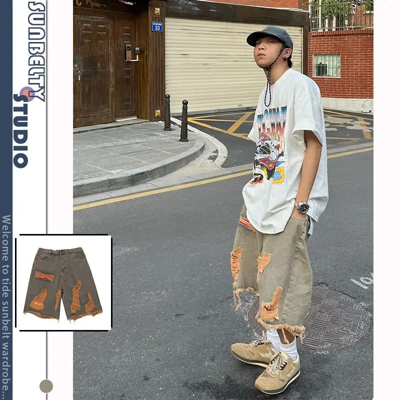 Denim Shorts Casual Shorts Street Washed Distressed Raw Hem Ripped Denim Retro Men Clothing Summer Loose Straight Knee Length Solid Pants denim shorts summer jeans shorts