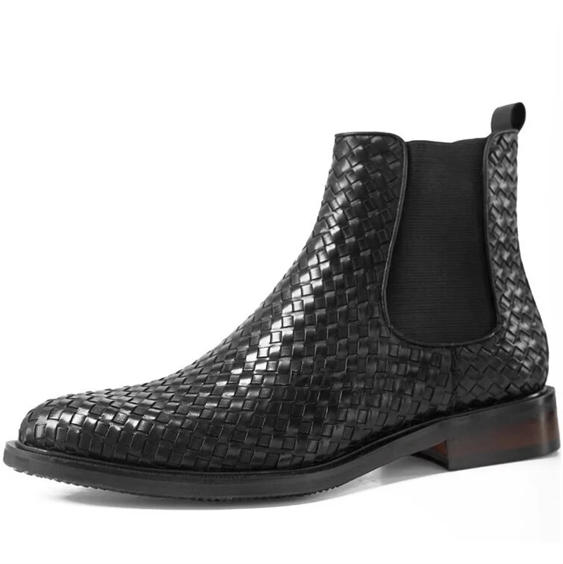 

Handmade Cowhide Woven Men's Chelsea Boots Slip On Designer Botas