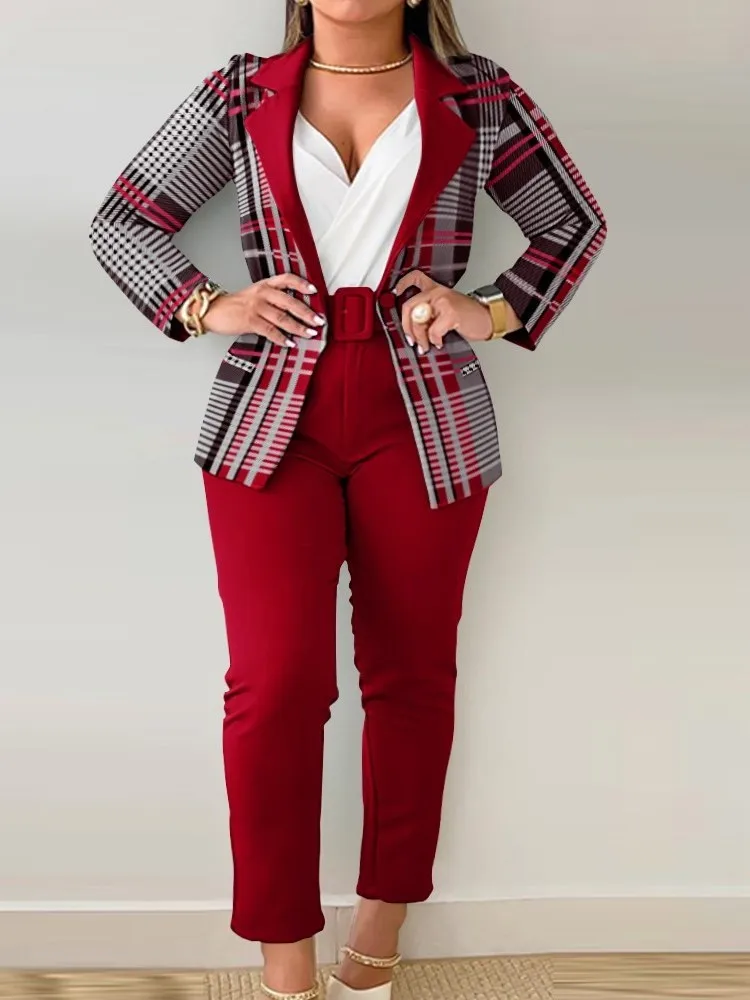 Fashion Letter Printed Suit Office Sets Autumn Winter Women Lapel Collar Blazer Cardigan Coat Pants Two Piece Work Set With Belt
