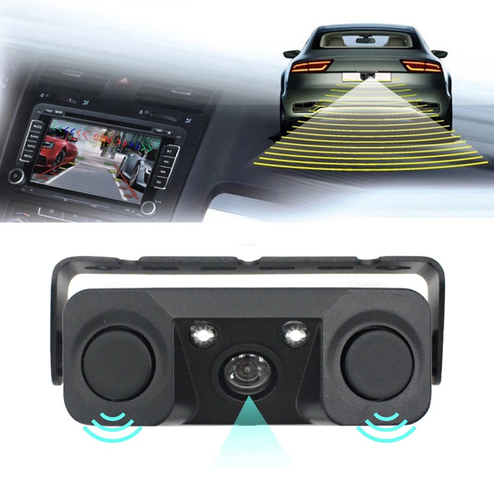 

3 IN 1 Video Parking Sensor Car Reverse Backup Rear View Camera with 2 Radar Detector Sensors BiBi Alarm Indicator Anti Car Cam