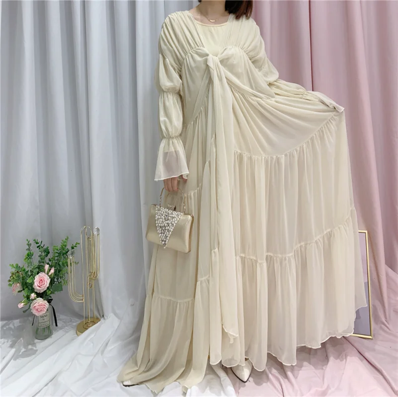 Muslim Abayat Dress Solid Color Puff Sleeves Robe Femme Musulman Elegant Fashion Ladies Dress for European and American Dubai