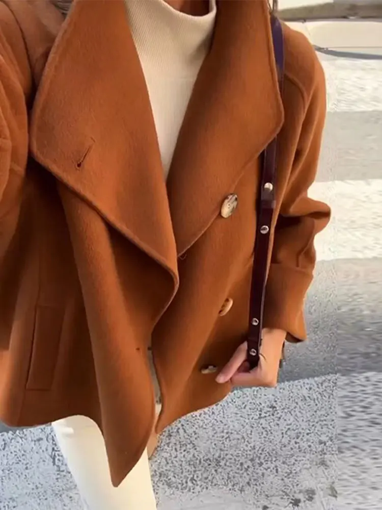 

Solid Long Sleeved Stand Collar Single Breasted Cropped Jacket Women Elegant Loose Overcoat Autumn Winter Casual Street Outwear