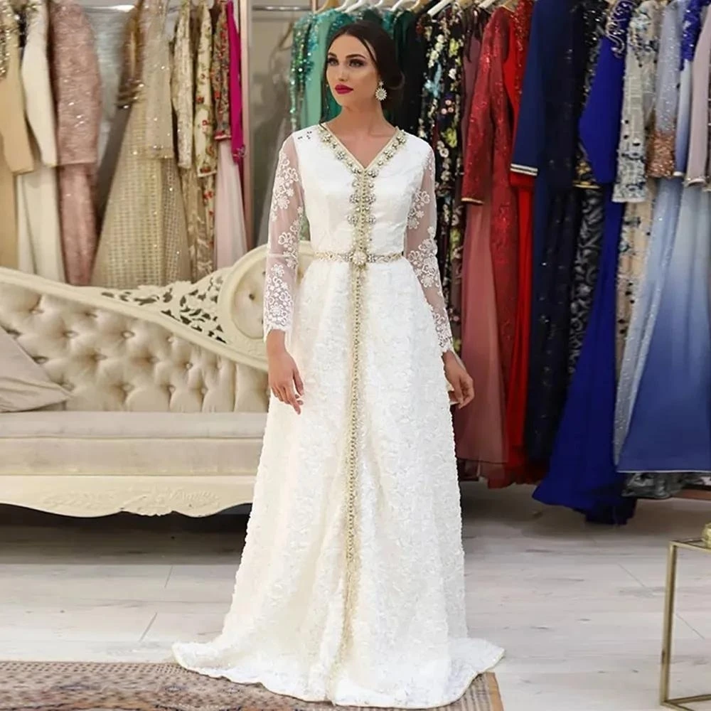 

Lace Moroccan Kaftan Muslim Evening Dresses A-line Long Sleeves Lace Beaded Dubai Arabic Turkey Caftan Islamic Evening Gown