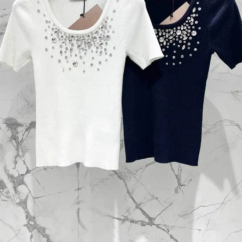 

Женская трикотажная футболка из смесовой шерсти с коротким рукавом, тонкая футболка с круглым вырезом, 2 цвета, Новинка лета 2024, высококачественная одежда