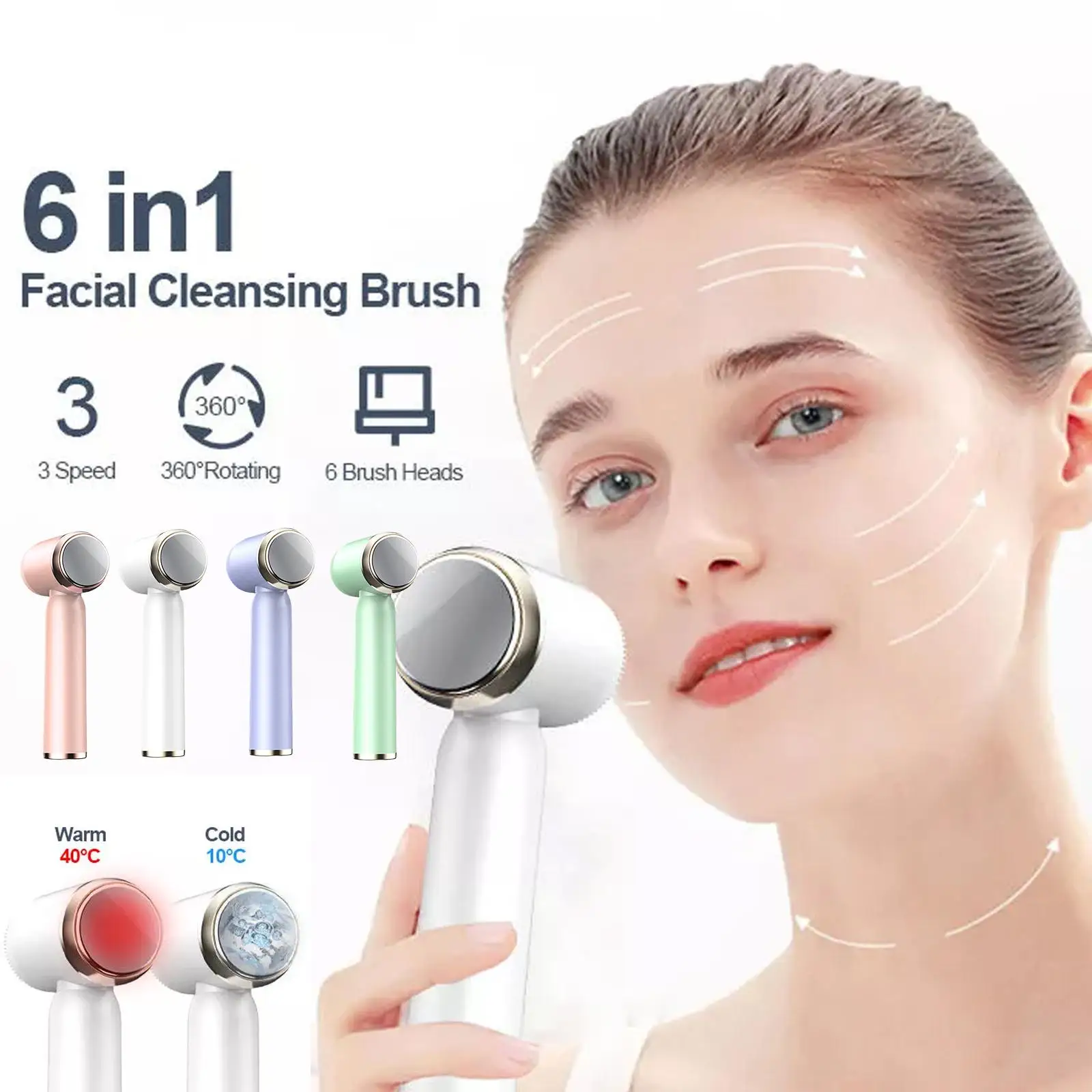 6 In 1 With bag Hot Cool Face Cleansing Brush Electric Facial Brush Deep Pore Cleaner LCD Vibration Lifting Skin Firming