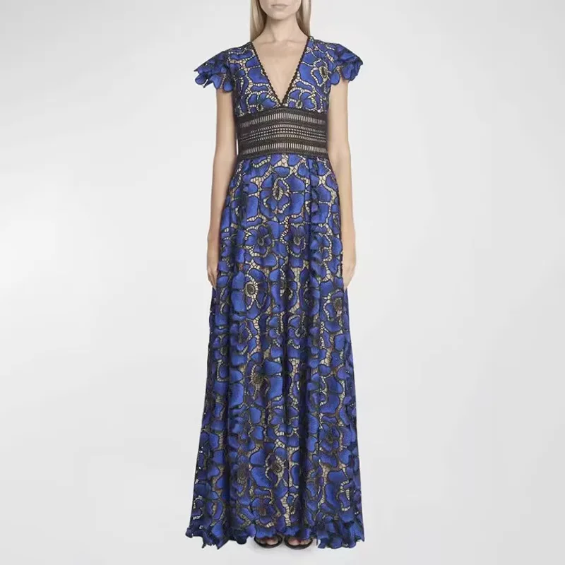 

Luxury Blue Color Lace Long Dress Summer V-Neck Sleeveless Tank Vintage Party Evening Dresses Clothes
