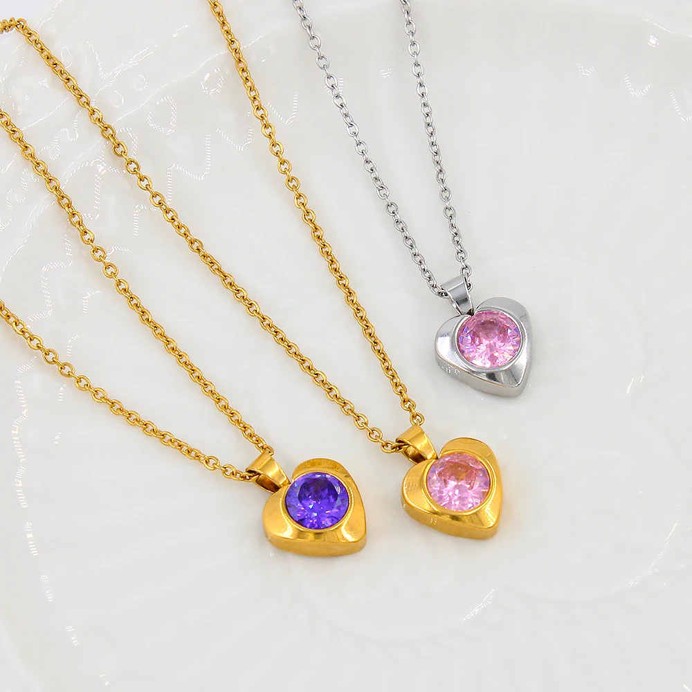 

New Romantic Heart Shaped Zircon Pendant Stainless Steel Necklace For Ladies18k Gold Plated Waterproof Jewelry Christmas YS235