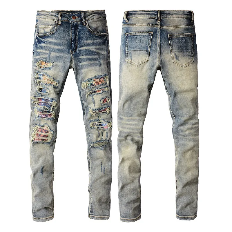 

High Street Hole Patch Jeans Mens Patch Elastic Slim Fit Small Feet Jeans for Men