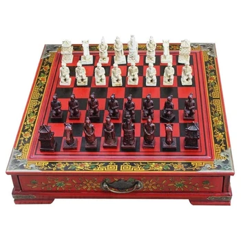 Creative chess table stereoscopic chess Terra Cotta Warriors chess pieces wooden chessboard cartoon characters