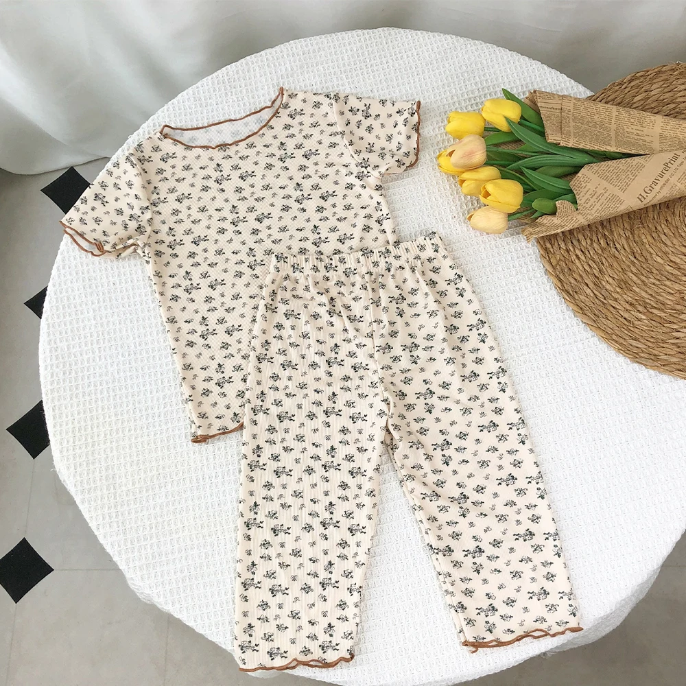 Short Sleeve Round Neck Flower Printed T-shirt Top+Pants 2 Piece Set Kids Casual Home Clothes 5