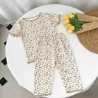 Short Sleeve Round Neck Flower Printed T-shirt Top+Pants 2 Piece Set Kids Casual Home Clothes 5