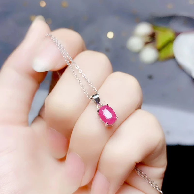 매일 착용을위한 천연 루비 펜던트 5mm * 7mm 등급 1 천연 루비 실버 펜던트 사무실 여성을위한 루비 쥬얼리