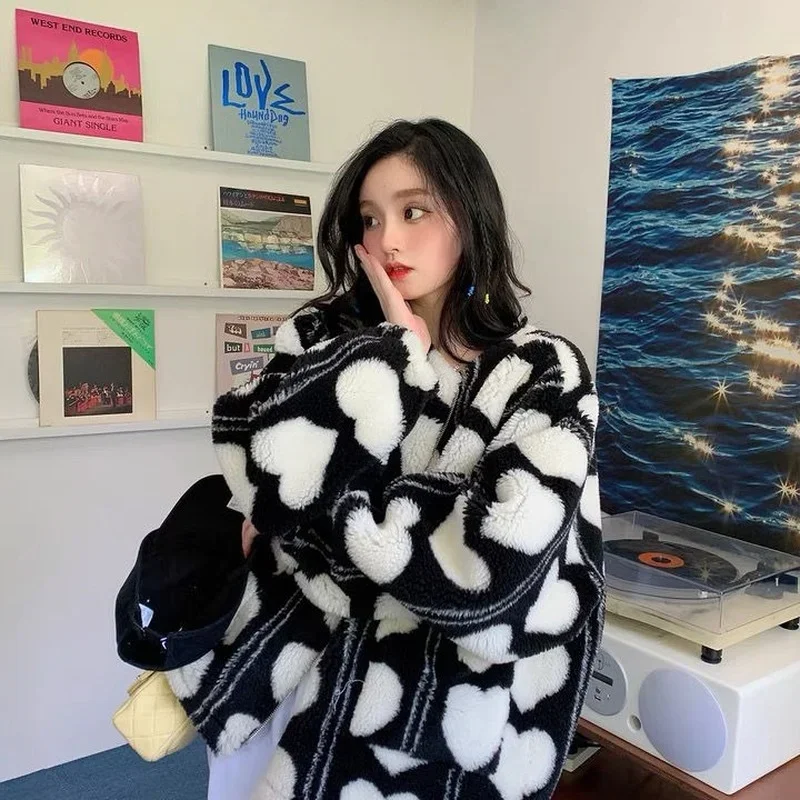 Heart-shaped Sweatshirts Women Sweet Cute Pink Harajuku Short Jacket Kawaii Fur Coat Autumn Winter Lamb Jacket Female Fashion