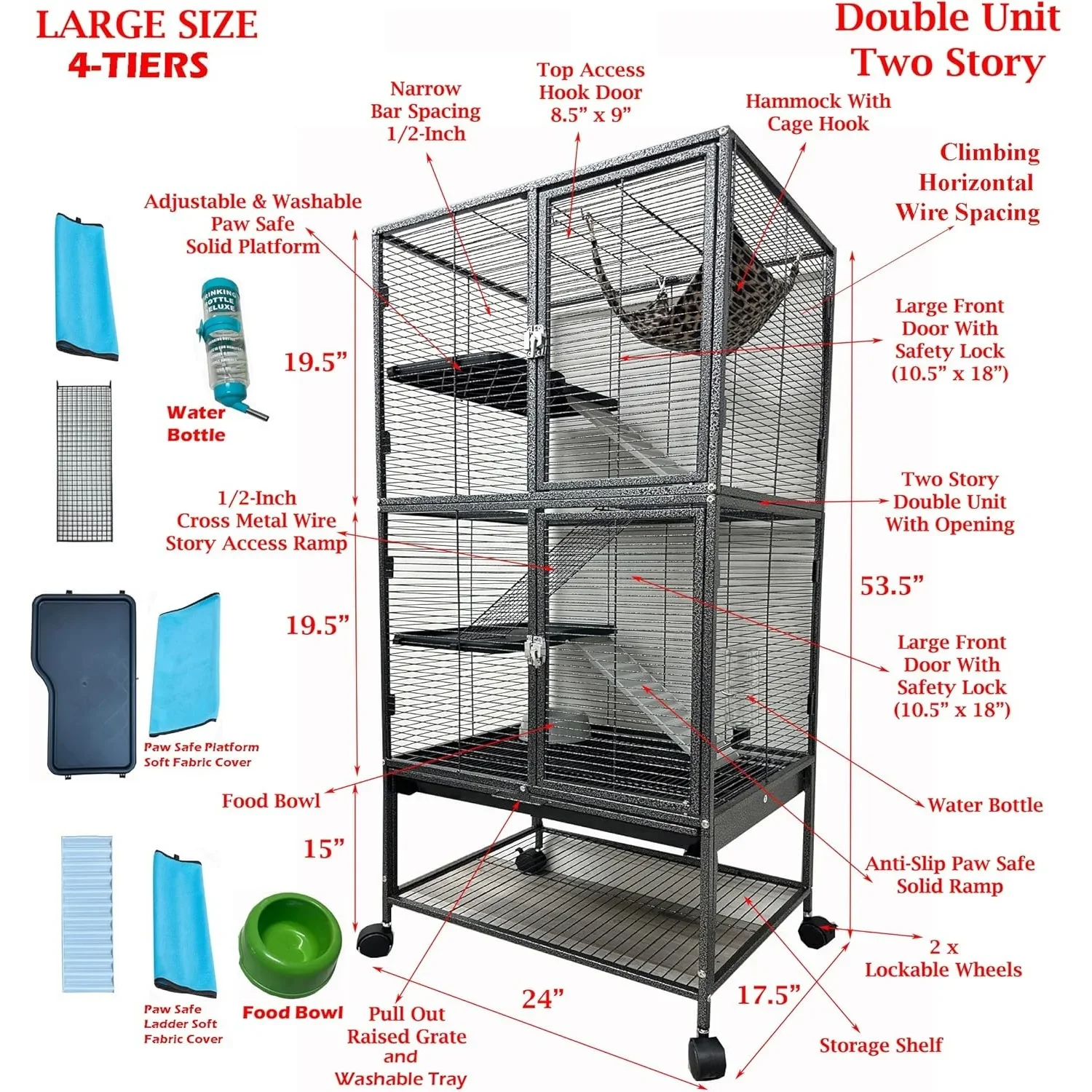 Two Story Extra Large 4-Level Double Front Doors Wrought Iron Cage Tight 1/2-inch Spacing Rolling Stand Hammock 3