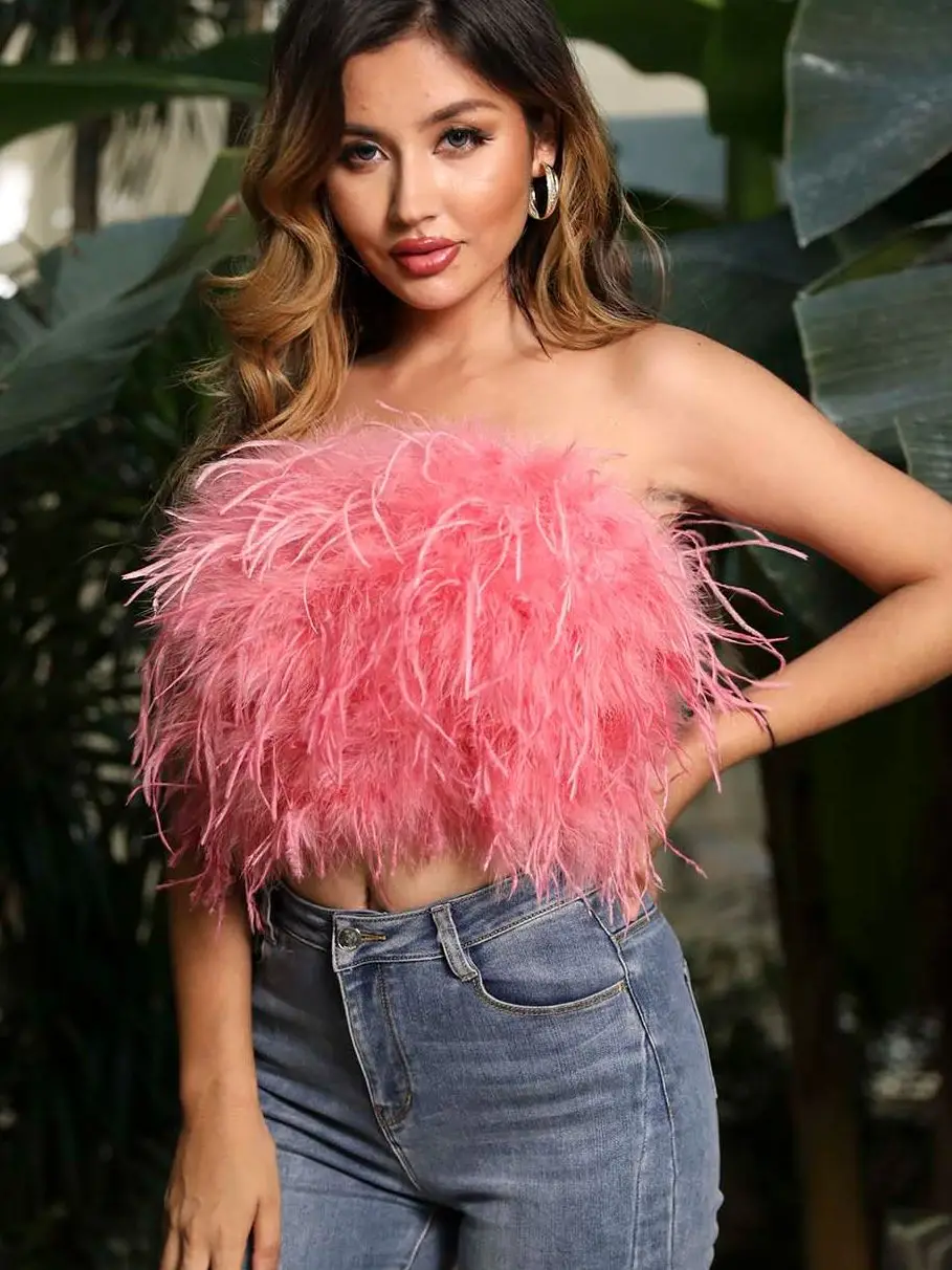 MISSJANEFURSexyFeatherTopWomenNew2022FashionPartyRealOstrich