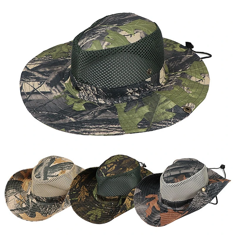Cappello da pescatore estivo in rete traspirante cappello tattico militare mimetico stampato a tesa larga escursionismo pesca all'aperto cappello da sole da spiaggia