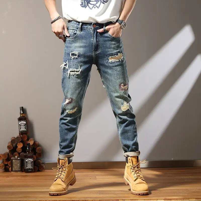 Korean Version 2023 Fashion Brand New Summer Fashion Versatile Embroidery Perforated Retro Men's Jeans Elastic Feet ripped jeans