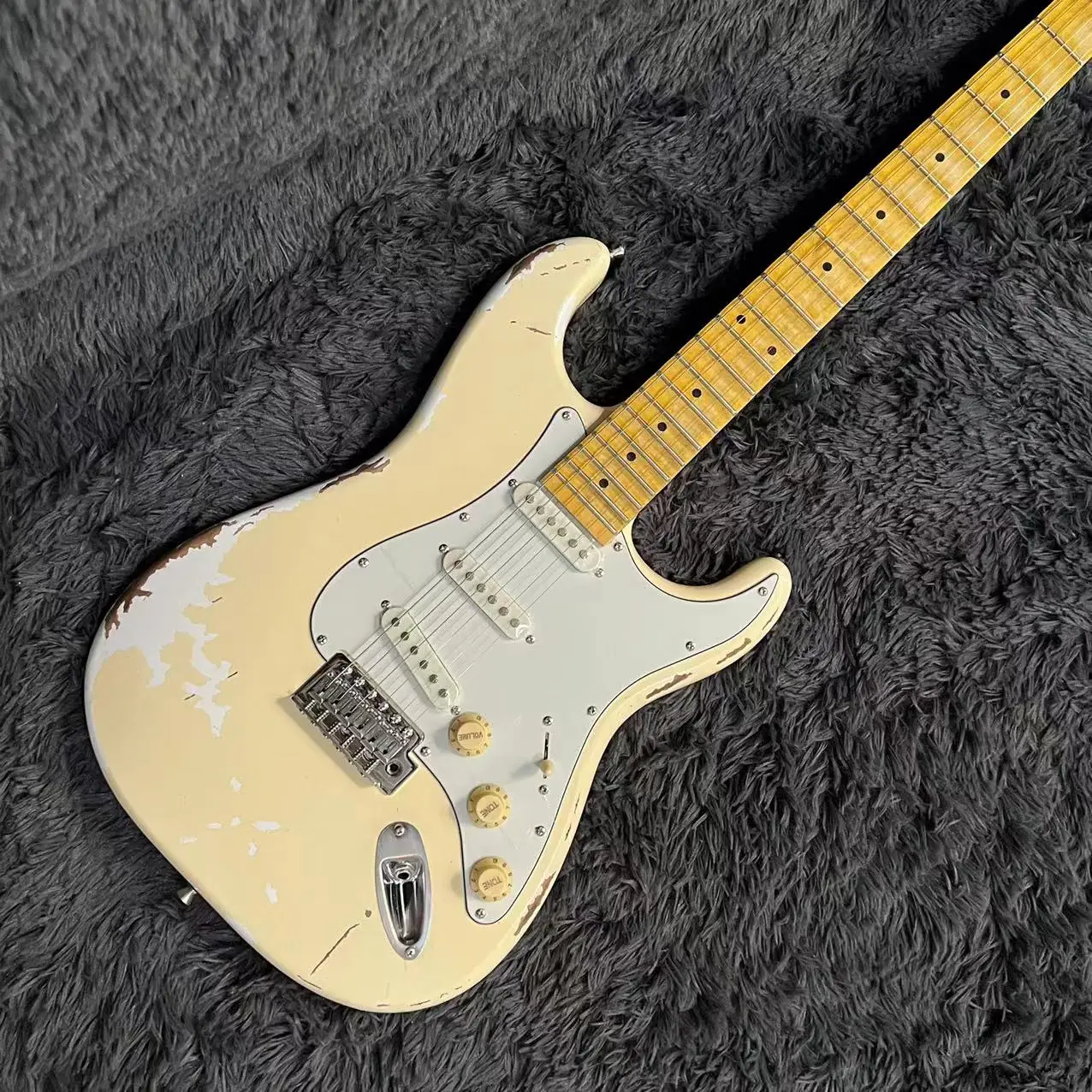 

Relic ST Electric Guitar, Cream Yellow Color, Alder Body, Scalloped Fingerboard, 6 Strings Guitarra, violão, Free Ship 기타