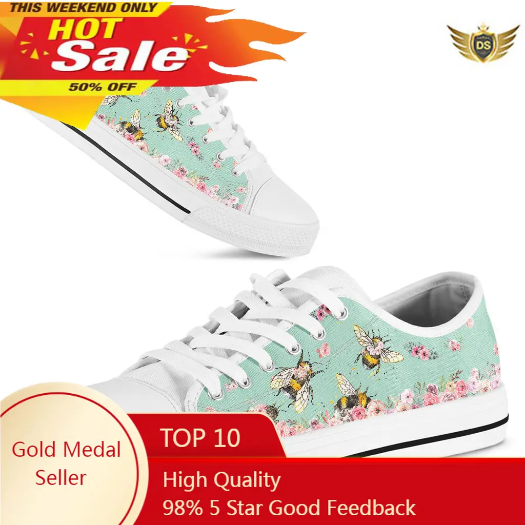Women Sneakers Canvas Shoes Cute Bees Floral Lace Up Casual Shoes Woman Flats White Shoes Candy Color Breathable Shoes