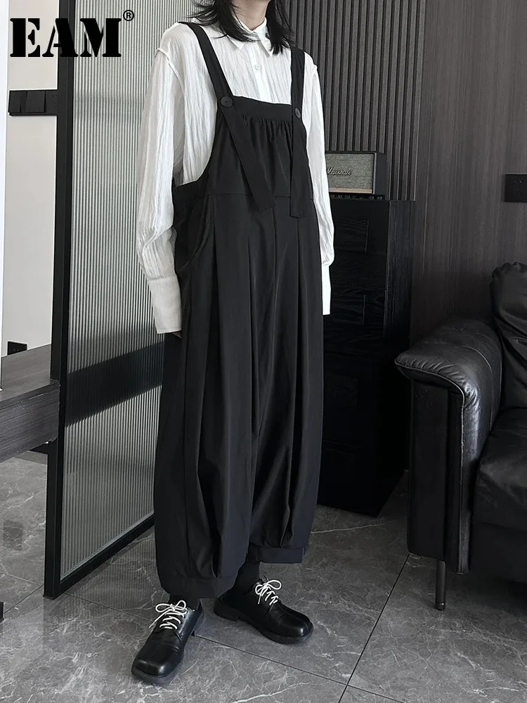 

[EAM] High Waist Black Pleated Big Size Casual Long Overalls Pants New Trousers Women Fashion Tide Spring Autumn 2024 Black