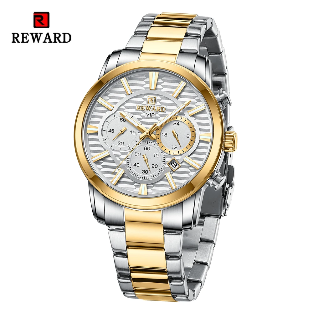 REWARD VIP New Design Luxury Quartz Watches for Men Chronograph Luminous Waterproof Date Stainless Steel Sport Men's Wristwatch