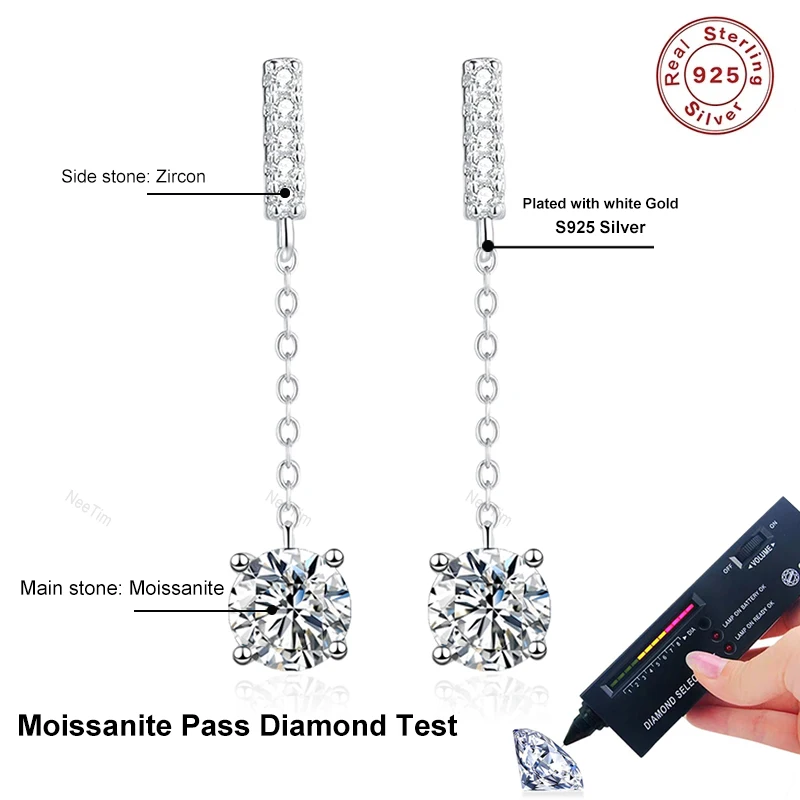 NeeTim 1 Carat D Color Moissanite Diamond Drop Earrings 925 Silver with White Gold Plated Charm Earrings For Women Wholesale 5 NeeTim 1 Carat D Color Moissanite Diamond Drop Earrings 925 Silver with White Gold Plated Charm Earrings For Women Wholesale - Image 5