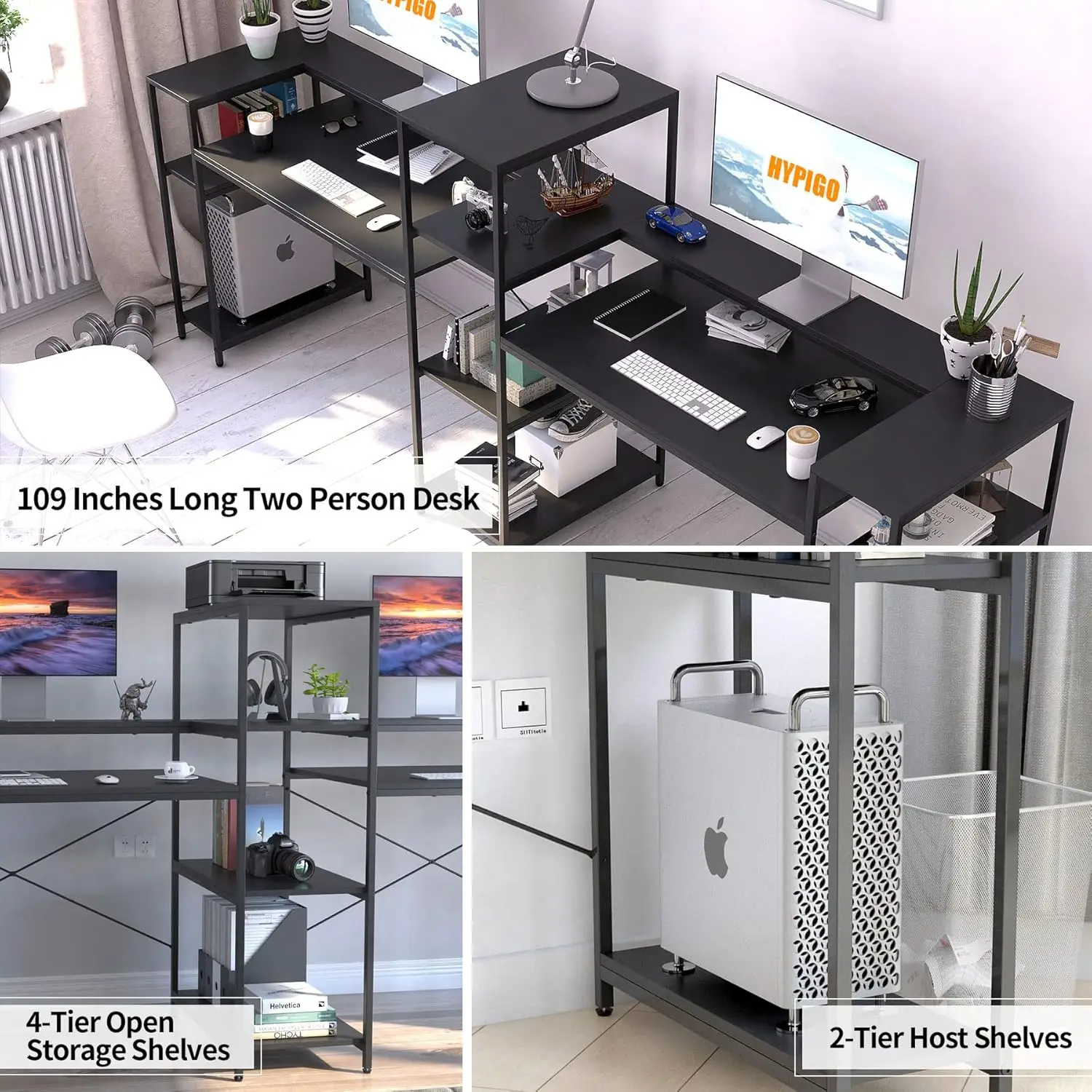 Two Person Computer Desk with Storage Shelves, 109 inches Extra Long Double Workstation Desk with Printer Shelf 6