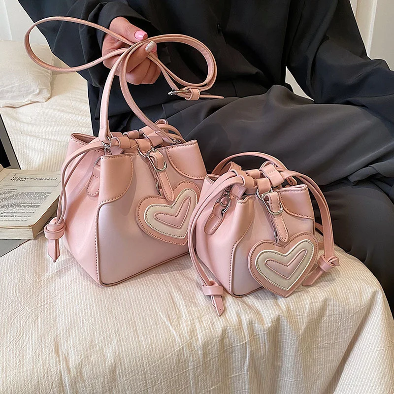 

New Women Pink Heart Shoulder Messenger Cross Body Bucket Cute Lady Purses And Handbags Luxury Designer Bags