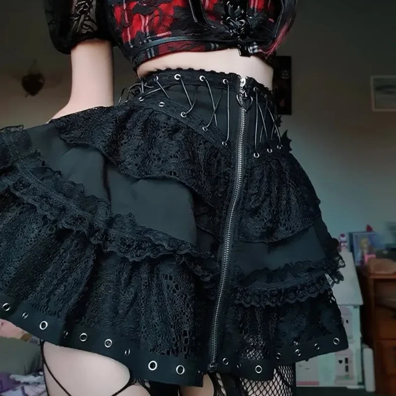 E-girl Gothic Lace Mini Pleated Skirt Women Punk Y2K Aesthetic High Waist A-Line Short Skirt 90s Vintage Harajuku Streetwear