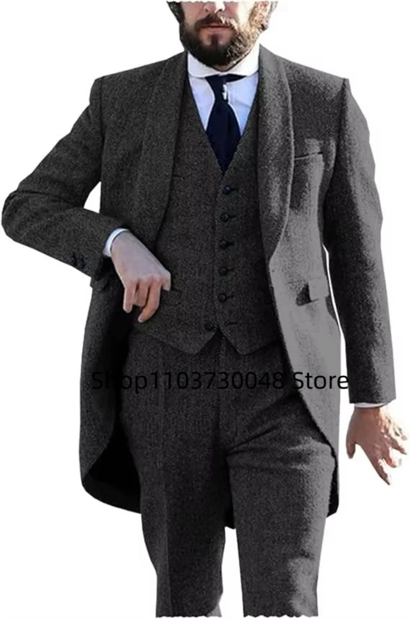 Formal Mens Retro 3 Pieces Tweed Herringbone Suit Formal Slim Fit Tailcoat Blazer Vest Pants for Wedding Grooms Prom Party