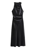 XNWMNZ 2024 Women's Fashion Satin Midi Dress Women High Street O Neck twisted armholes Waist Gathered Fit female Midi Dresses - Image 6